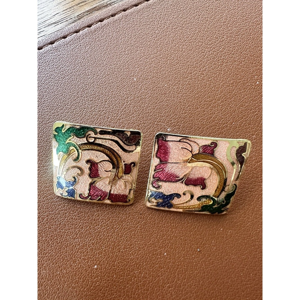 Vintage Colorful Floral Enamel Clip‎ On Earrings, Square Shape, Retro 80s Estate